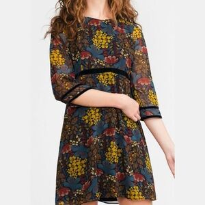 Zara floral dress with sheer sleeves and velvet trim